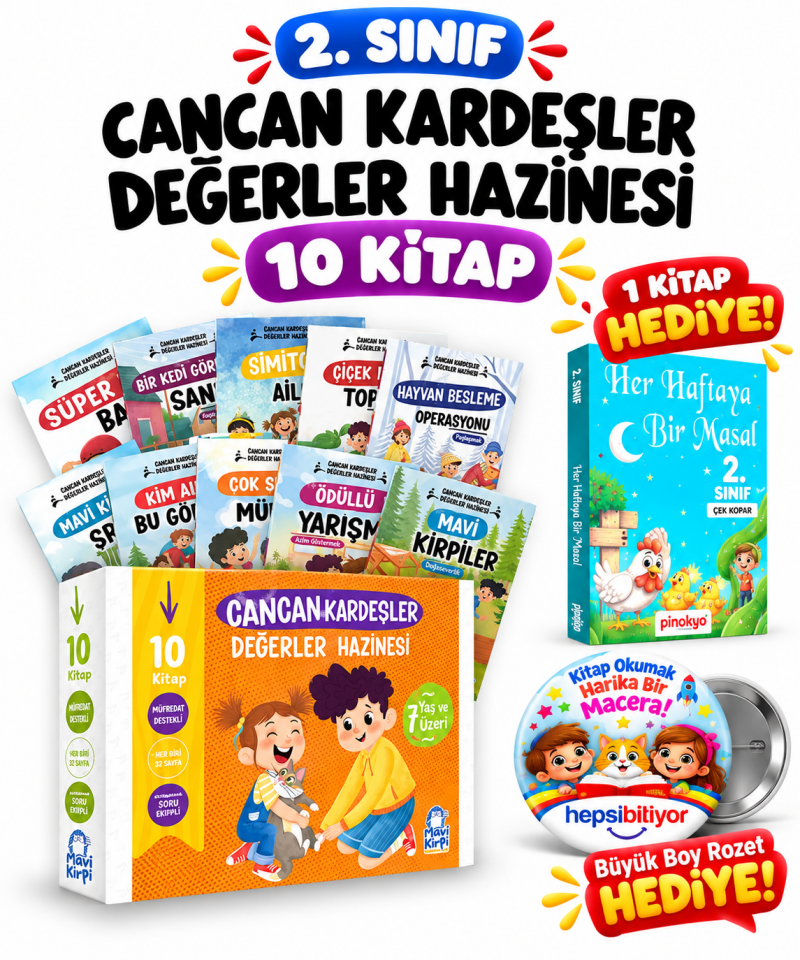Mavi Kirpi 2. Sınıf Cancan Kardeşler Değerler Hazinesi Hikaye Seti (10 Kitap)