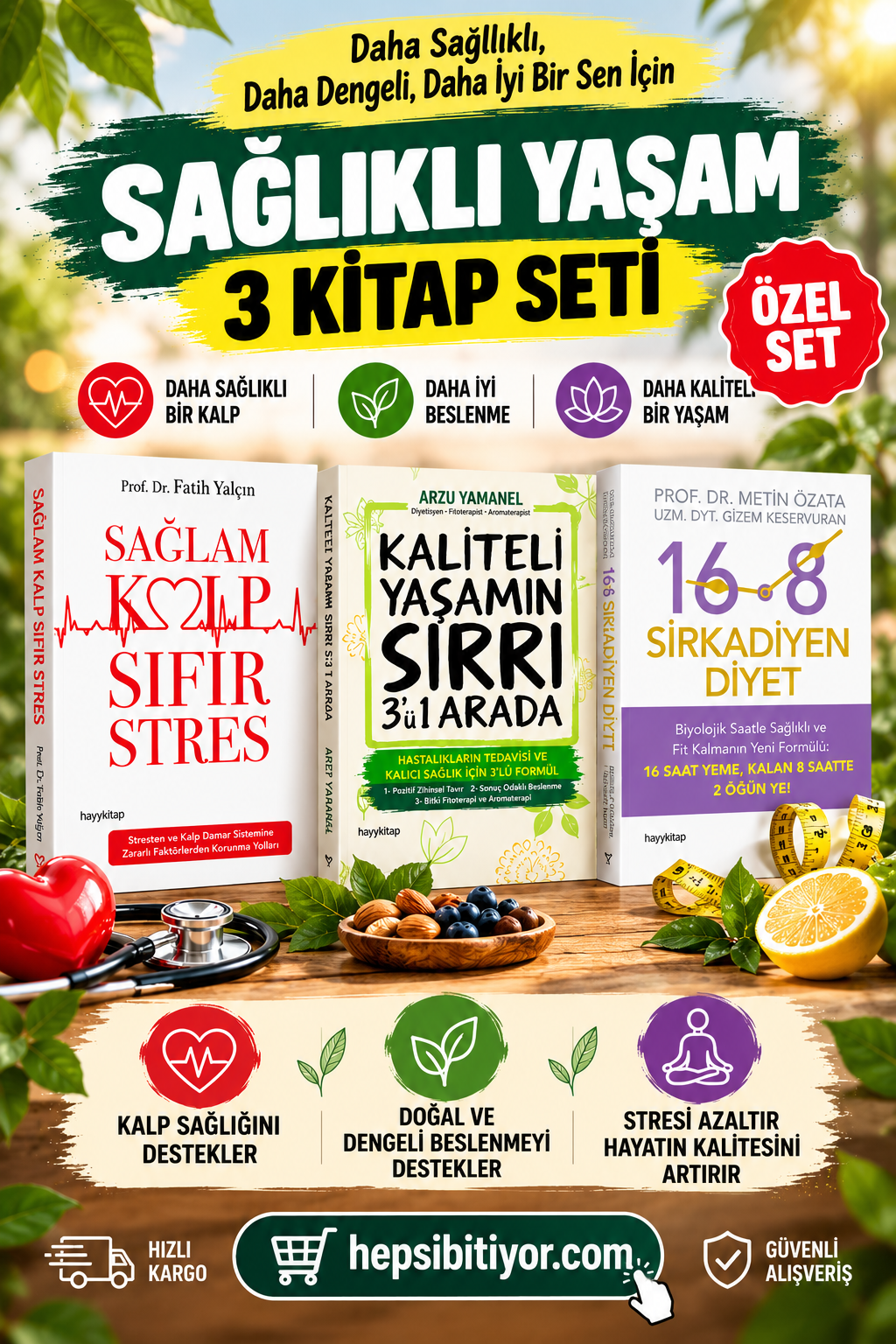 Sağlıklı Yaşam Seti 3 Kitap (Sağlam Kalp Sıfır Stres, Kaliteli Yaşamın Sırrı, 16:8 Sirkadiyen Diyet)