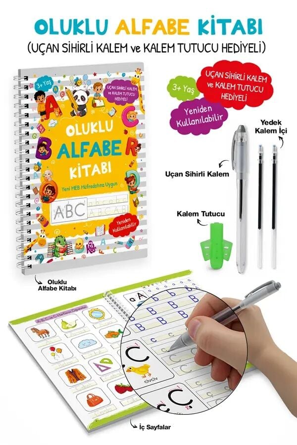 Oluklu Alfabe Kitabı -  Uçan Sihirli Kalem ve Kalem Tutucu Hediyeli