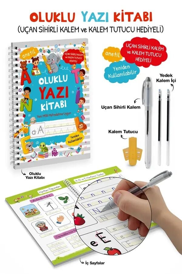 Oluklu Yazı Kitabı - Uçan Sihirli Kalem ve Kalem Tutucu Hediyeli